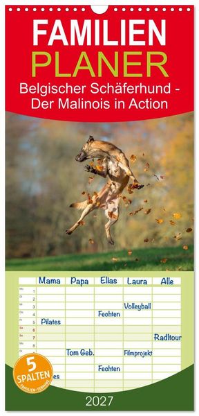 Produktbild: Familienplaner 2027 - Belgischer Sch&auml;ferhund - Der Malinois in Action mit 5 Spalten (Wandkalender, 21 x 45 cm) CALVENDO