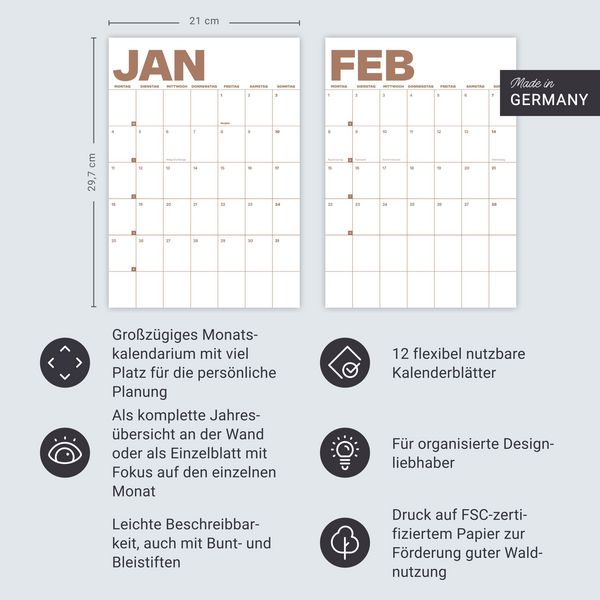 Produktbild: Monats-Wandplaner monochrom 2027 - 12 einzelne Bl&auml;tter zur individuellen Nutzung