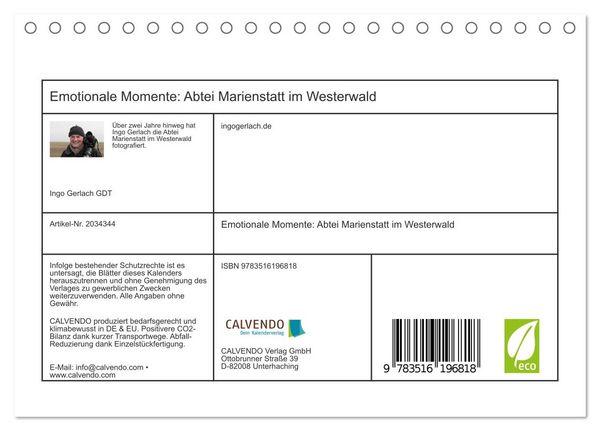 Produktbild: Emotionale Momente: Abtei Marienstatt im Westerwald (Tischkalender 2026 DIN A5 quer), CALVENDO Monatskalender