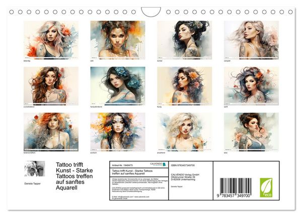 Produktbild: Tattoo trifft Kunst - Starke Tattoos treffen auf sanftes Aquarell (Wandkalender 2026 DIN A4 quer), CALVENDO Monatskalender