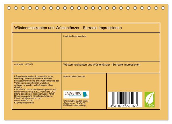 Produktbild: W&uuml;stenmusikanten und W&uuml;stent&auml;nzer - Surreale Impressionen (Tischkalender 2026 DIN A5 quer), CALVENDO Monatskalender