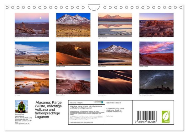 Produktbild: Atacama: Karge W&uuml;ste, m&auml;chtige Vulkane und farbenpr&auml;chtige Lagunen (Wandkalender 2026 DIN A4 quer), CALVENDO Monatskalender