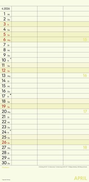 Planer für zwei 2026 mit 3 Spalten - Familien-Timer 22x45 cm - Offset-Papier - mit Ferienterminen - Wand-Planer - Familienkalender - Alpha Edition