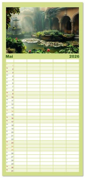 Produktbild: Familienplaner 2026 - Verwunschene G&auml;rten - Eine Zeitreise mit 5 Spalten (Wandkalender, 21 x 45 cm) CALVENDO