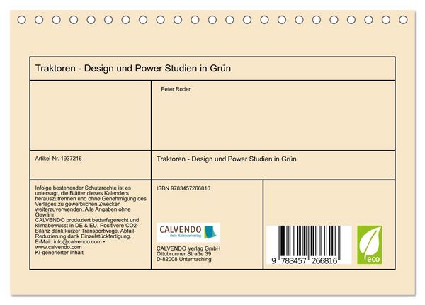 Produktbild: Traktoren - Design und Power Studien in Gr&uuml;n (Tischkalender 2026 DIN A5 quer), CALVENDO Monatskalender
