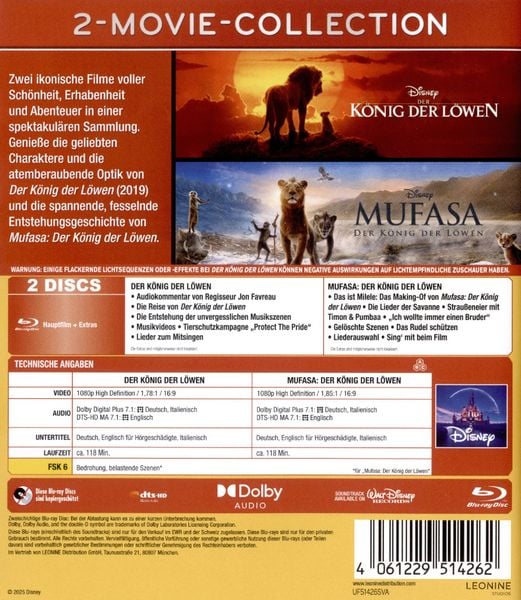 Produktbild: Der K&ouml;nig der L&ouml;wen+Mufasa (Live-Action) [2 BRs]