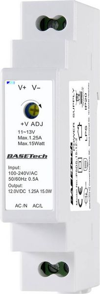 Produktbild: Basetech BT-2250247 Hutschienen-Netzteil (DIN-Rail) 12 V 1.25 A 15 W Anzahl Ausg&auml;nge:1 x Inhalt 1 St.