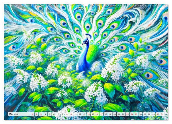 Produktbild: Tanz der Pfauen - Jahreszeiten in abstrakter Eleganz (hochwertiger Premium Wandkalender 2026 DIN A2 quer), Kunstdruck in Hochglanz
