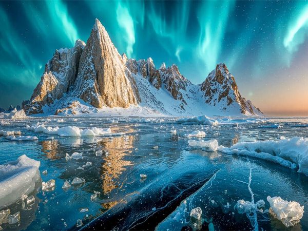 Produktbild: CALVENDO Puzzle Polarlichter kr&ouml;nen den Horizont &uuml;ber den Eisbergen | 1000 Teile Lege-Gr&ouml;&szlig;e 64x48cm Foto-Puzzle f&uuml;r gl&uuml;ckliche Stunden