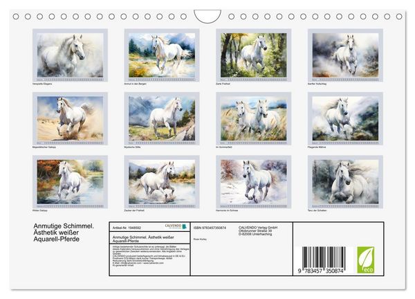 Produktbild: Anmutige Schimmel. &Auml;sthetik wei&szlig;er Aquarell-Pferde (Wandkalender 2026 DIN A4 quer), CALVENDO Monatskalender