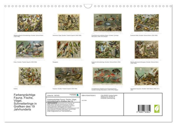 Produktbild: Farbenpr&auml;chtige Fauna. Fische, V&ouml;gel, Schmetterlinge in Grafiken des 19 Jahrhunderts (Wandkalender 2026 DIN A3 quer), CALVENDO Monatskalender