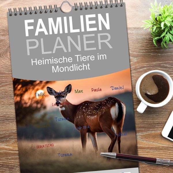 Produktbild: Familienplaner 2026 - Heimische Tiere im Mondlicht mit 5 Spalten (Wandkalender, 21 x 45 cm) CALVENDO