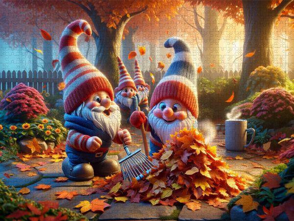 Produktbild: CALVENDO Puzzle Herbstliches Laubtreiben: Zwerge beim t&auml;nzelnden Reigen | 1000 Teile Lege-Gr&ouml;&szlig;e 64x48cm Foto-Puzzle f&uuml;r gl&uuml;ckliche Stunden