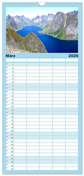 Produktbild: Familienplaner 2026 - Norwegen - Unterwegs auf den Lofoten mit 5 Spalten (Wandkalender, 21 x 45 cm) CALVENDO