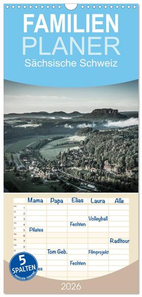 Produktbild: Familienplaner 2026 - S&auml;chsische Schweiz mit 5 Spalten (Wandkalender, 21 x 45 cm) CALVENDO