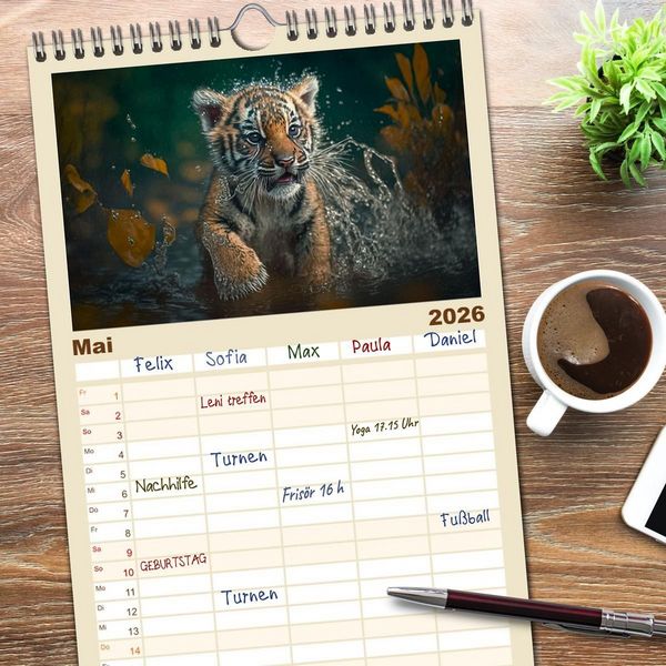 Produktbild: Familienplaner 2026 - Tierkinder beim Baden mit 5 Spalten (Wandkalender, 21 x 45 cm) CALVENDO