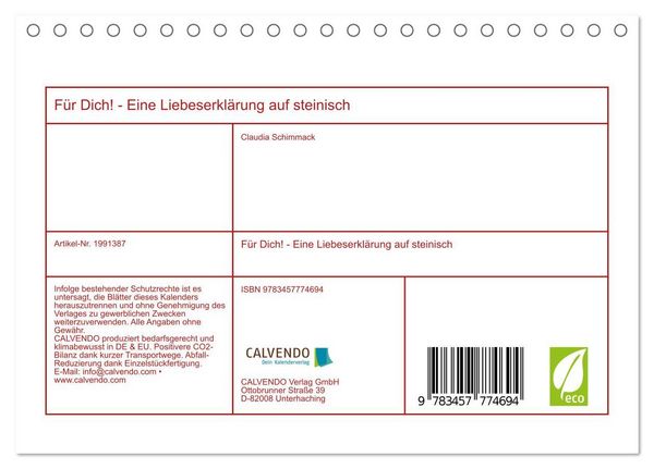Produktbild: F&uuml;r Dich! - Eine Liebeserkl&auml;rung auf steinisch (Tischkalender 2026 DIN A5 quer), CALVENDO Monatskalender