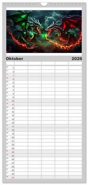 Produktbild: Familienplaner 2026 - Drachen - Gef&uuml;rchtete, aber nicht immer b&ouml;se Fabelwesen mit 5 Spalten (Wandkalender, 21 x 45 cm) CALVENDO