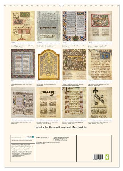 Produktbild: Hebr&auml;ische Illuminationen und Manuskripte (Wandkalender 2026 DIN A2 hoch), CALVENDO Monatskalender