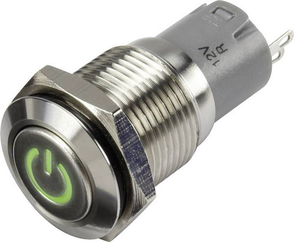 Produktbild: TRU COMPONENTS 1303013 LAS2GQF-11DT/G/12V/S/P Drucktaster 48 V/DC 2 A 1 x Aus/(Ein) tastend Gr&uuml;n IP65 1 St.