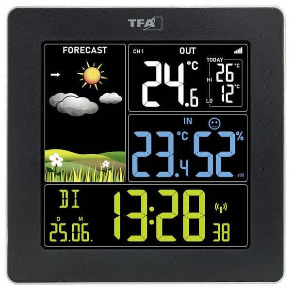 Produktbild: TFA Dostmann Funk-Wetterstation mit Farbdisplay SUN 2 35.1174.01 Funk-Wetterstation Vorhersage f&uuml;r 12 bis 24 Stunden Anzahl Sensoren max. 3 St.