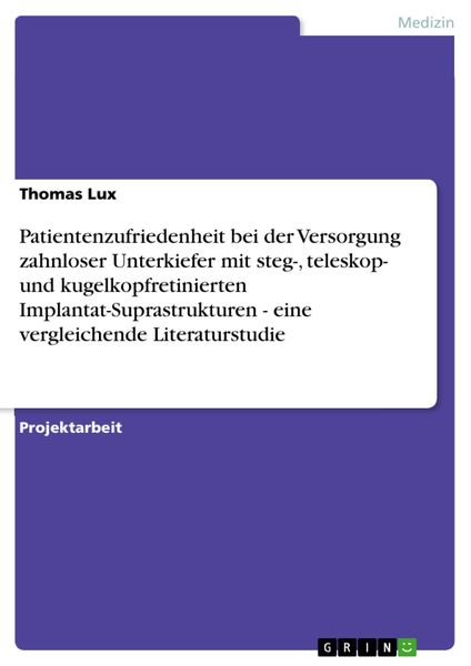 Produktbild: Patientenzufriedenheit bei der Versorgung zahnloser Unterkiefer mit steg-, teleskop- und kugelkopfretinierten Implantat-Suprastrukturen - eine verglei