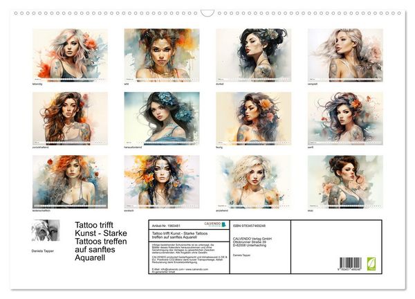 Produktbild: Tattoo trifft Kunst - Starke Tattoos treffen auf sanftes Aquarell (Wandkalender 2026 DIN A2 quer), CALVENDO Monatskalender