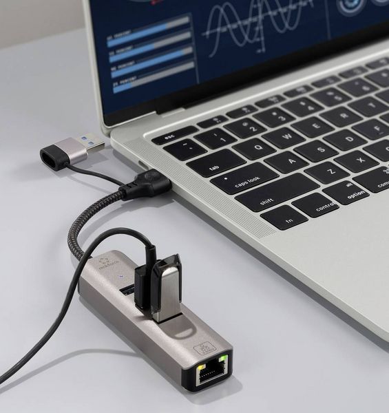 Produktbild: Renkforce RF-6856046 USB-Hub 3 Port USB-A, RJ45 USB 3.2 Gen1 5 GBit/s mit eingebautem Netzwerk-Anschluss Grau RF-EAWH-300