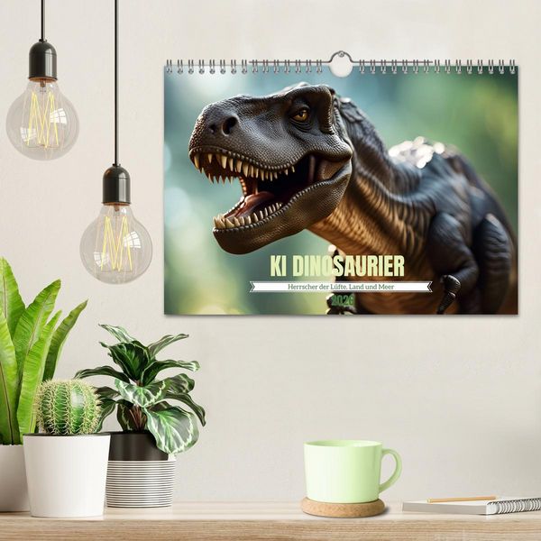 Produktbild: KI Dinosaurier - Herrscher der L&uuml;fte, Land und Meer (Wandkalender 2026 DIN A4 quer), CALVENDO Monatskalender