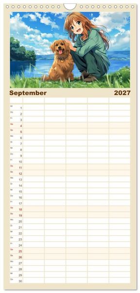 Produktbild: Familienplaner 2027 - Tierische Anime-Freunde - Fr&ouml;hliche Streifz&uuml;ge mit Hund und Katze mit 5 Spalten (Wandkalender, 21 x 45 cm) CALVENDO