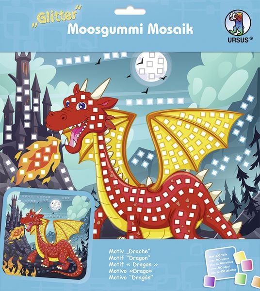 URSUS Kinder-Bastelsets Moosgummi Mosaiken Glitter Drache, Bastelset aus Moosgummi-Stickern, ca. 25x25cm