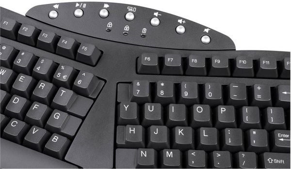 Produktbild: Perixx PERIBOARD-612BDE Bluetooth&reg; Tastatur Deutsch, QWERTZ Schwarz Ergonomisch, Handballenauflage, Multimediatasten