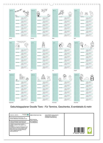 Produktbild: Geburtstagsplaner Doodle Tiere - F&uuml;r Termine, Geschenke, Eventdetails & mehr (hochwertiger Premium Wandkalender 2026 DIN A2 hoch), Kunstdruck in Hochglanz