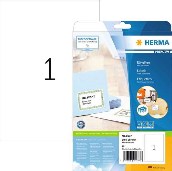 HERMA Etiketten permanent weiß 210x297mm 10 Blatt 10 Stück