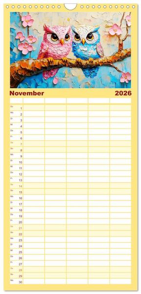 Produktbild: Familienplaner 2026 - Eulen. Entz&uuml;ckende Paintings mit 5 Spalten (Wandkalender, 21 x 45 cm) CALVENDO