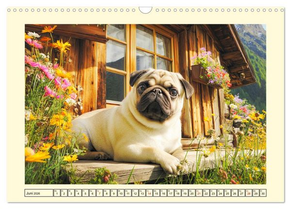 Produktbild: Mops trifft Berglust. Fidele Gipfelst&uuml;rmer im H&ouml;henrausch (Wandkalender 2026 DIN A3 quer), CALVENDO Monatskalender