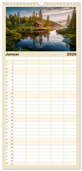 Produktbild: Familienplaner 2026 - H&uuml;ttenzauber - Ein visueller Streifzug durch Norwegens Wildnis mit 5 Spalten (Wandkalender, 21 x 45 cm) CALVENDO