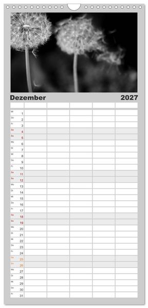 Produktbild: Familienplaner 2027 - Pusteblume - Impressionen in schwarzwei&szlig; mit 5 Spalten (Wandkalender, 21 x 45 cm) CALVENDO