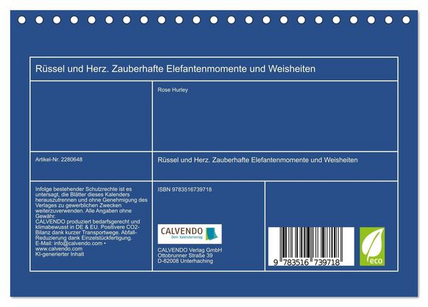 Produktbild: R&uuml;ssel und Herz. Zauberhafte Elefantenmomente und Weisheiten (Tischkalender 2026 DIN A5 quer), CALVENDO Monatskalender