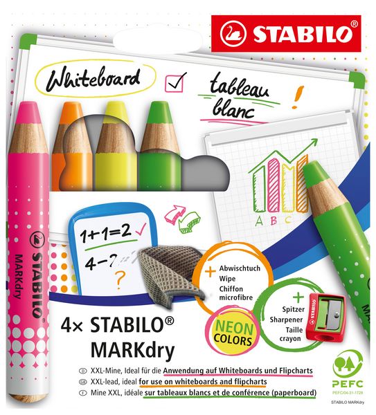 Produktbild: STABILO Marker Whiteboard- und Flipchartmarker MARKdry, 4er Set mit Spitzer und Abwischtuch, Neonfarben