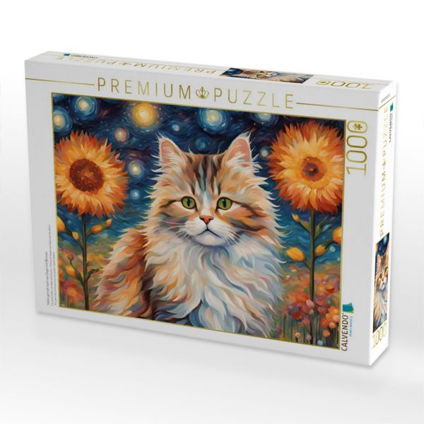 Produktbild: CALVENDO Puzzle Katze gemalt nach van Gogh mit Blumen | 1000 Teile Lege-Gr&ouml;&szlig;e 64x48cm Foto-Puzzle f&uuml;r gl&uuml;ckliche Stunden