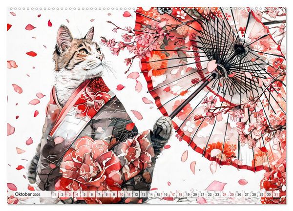 Produktbild: Geisha-Katzen - Mit Bl&uuml;ten, Schirm und Bambus im Japanstil (hochwertiger Premium Wandkalender 2026 DIN A2 quer), Kunstdruck in Hochglanz