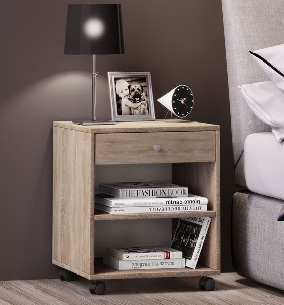 Produktbild: Holz Nachttisch Schrank Rolda Schublade Rollen