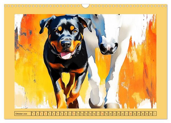 Produktbild: Kraftvolle Rottweiler. Stattliche Begleithunde im Aquarell-Stil (Wandkalender 2026 DIN A3 quer), CALVENDO Monatskalender