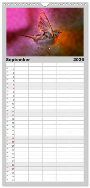 Produktbild: Familienplaner 2026 - Bei uns im Garten - Rotkehlchen mit 5 Spalten (Wandkalender, 21 x 45 cm) CALVENDO