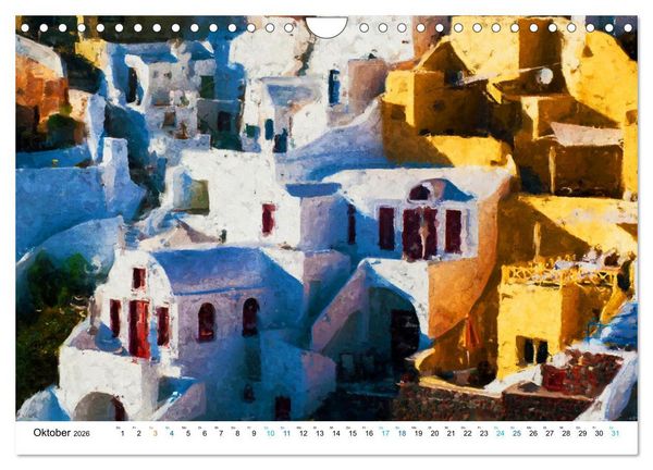 Produktbild: Urlaub auf Santorin - Gemalte Ansichten der Kykladeninsel (Wandkalender 2026 DIN A4 quer), CALVENDO Monatskalender