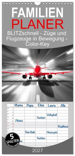 Produktbild: Familienplaner 2027 - BLITZschnell - Z&uuml;ge und Flugzeuge in Bewegung - Color-Key mit 5 Spalten (Wandkalender, 21 x 45 cm) CALVENDO
