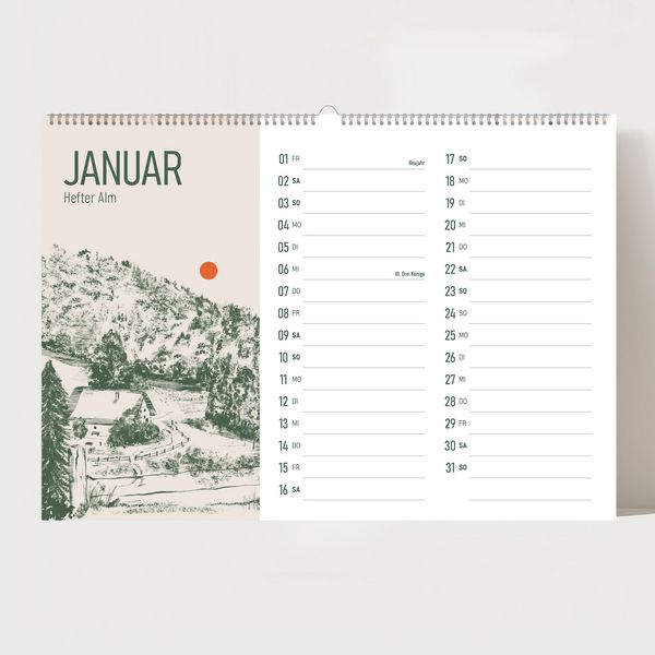 Produktbild: Alm Kalender 2027 &ndash; Chiemgauer Alpen | Handgezeichneter Wandkalender mit 12 Almen | Illustrativer Monatskalender, A4 quer