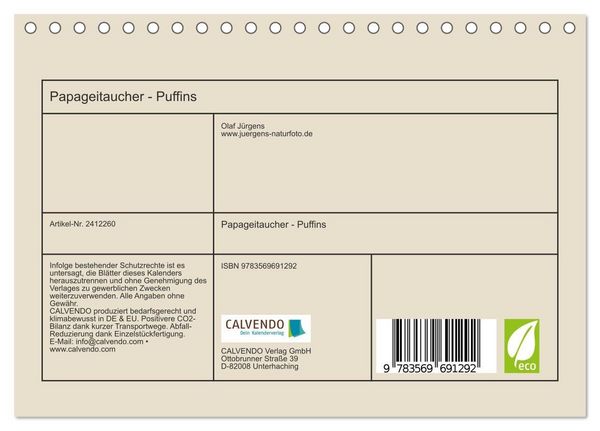 Produktbild: Papageitaucher - Puffins (Tischkalender 2027 DIN A5 quer), CALVENDO Monatskalender