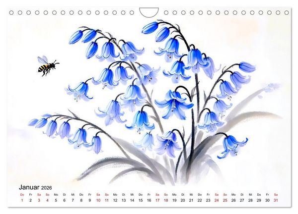 Produktbild: Bl&uuml;tentanz und Fl&uuml;gelschlag - Im Stile chinesischer Tuschmalerei (Wandkalender 2026 DIN A4 quer), CALVENDO Monatskalender